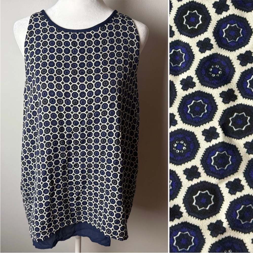 Dalia Collection Sleeveless Blouse Size Large Top Back Slit Blue Beige Back Zip